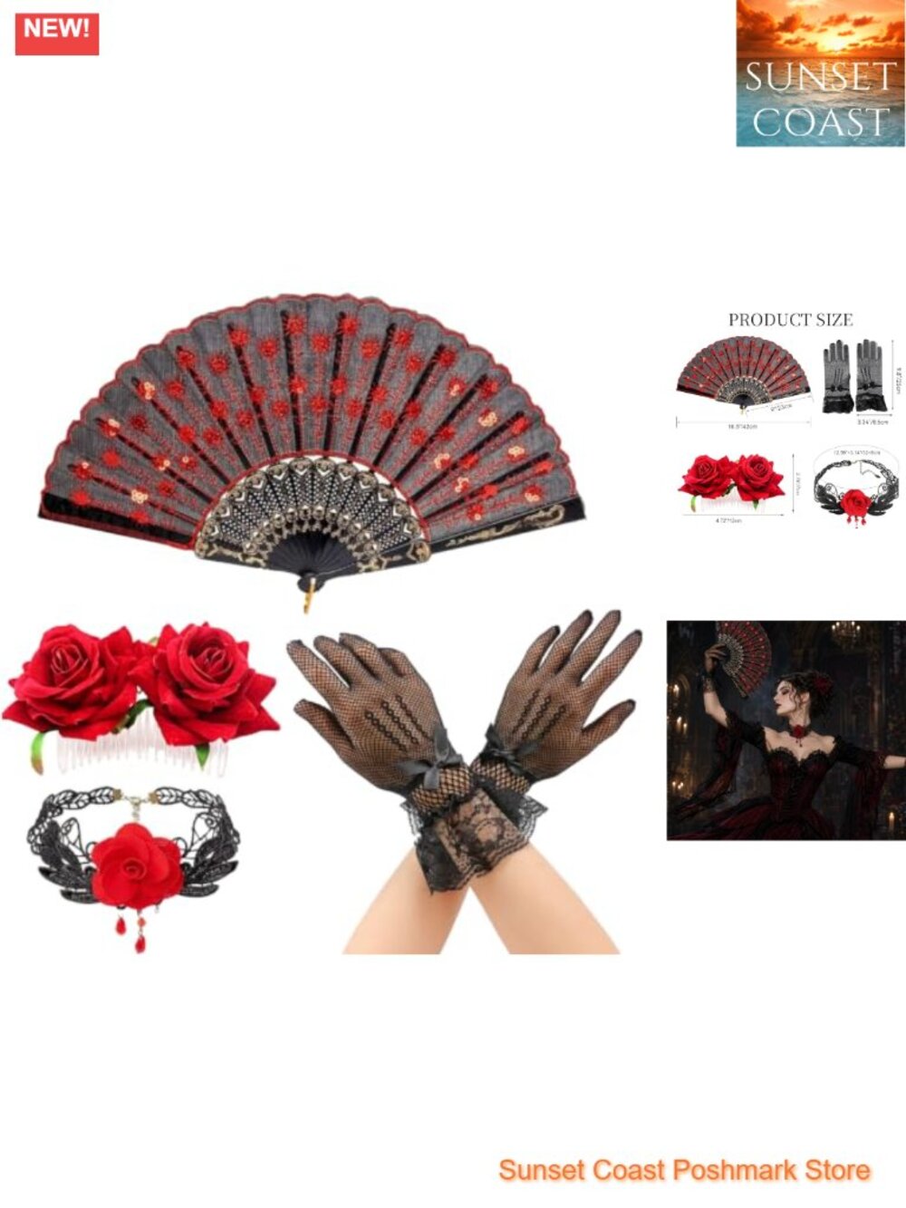 Flamenco Accessory Set Lace Wrist Gloves Rose Choker Fan Hair Clip